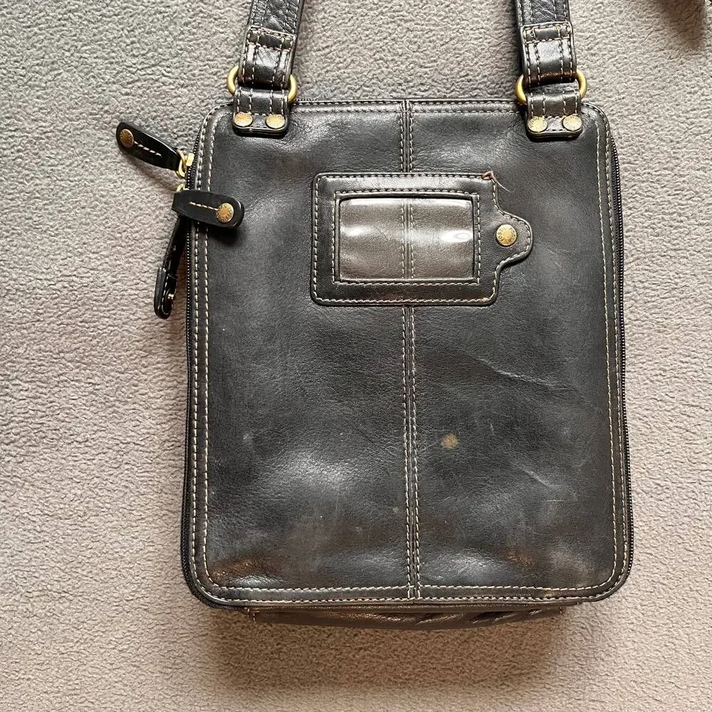 VTG Fossil Leather Shoulder Bag Black Unisex Minimalist Organizer Purse Retro